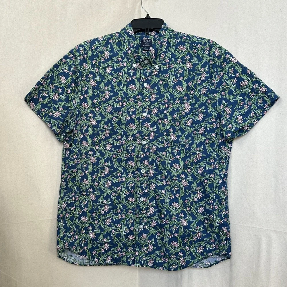 J Crew Mens Slim Flex Washed‎ S/S Button Down Shirt Blue Floral Print L Trendy